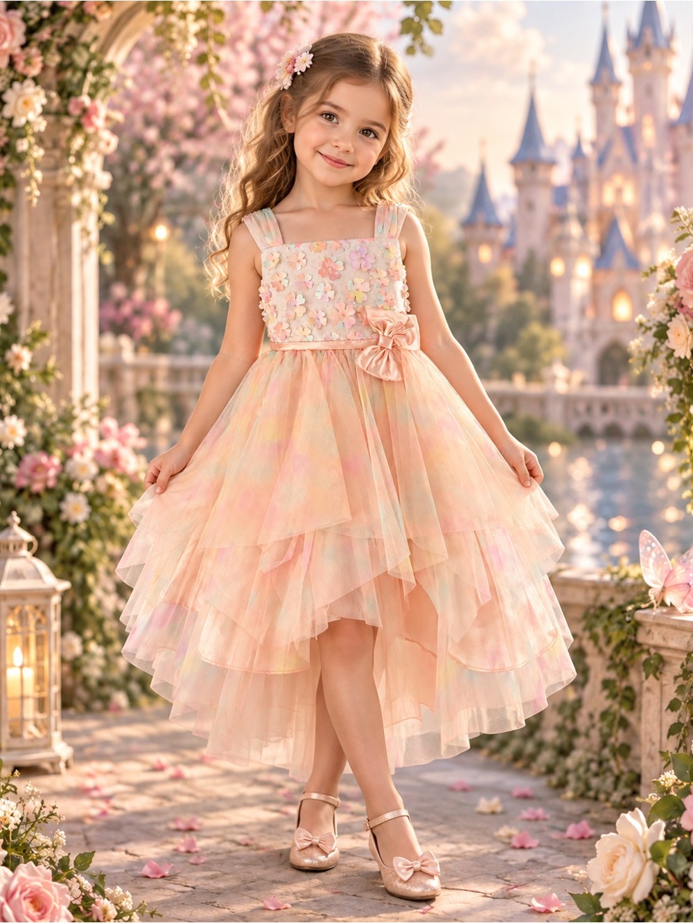 Jona Michelle Girls 5 Pastel Floral Tulle High Low Party Dress NWT